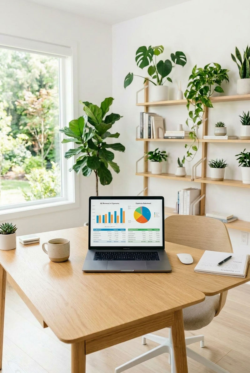 A clean office with an excel report